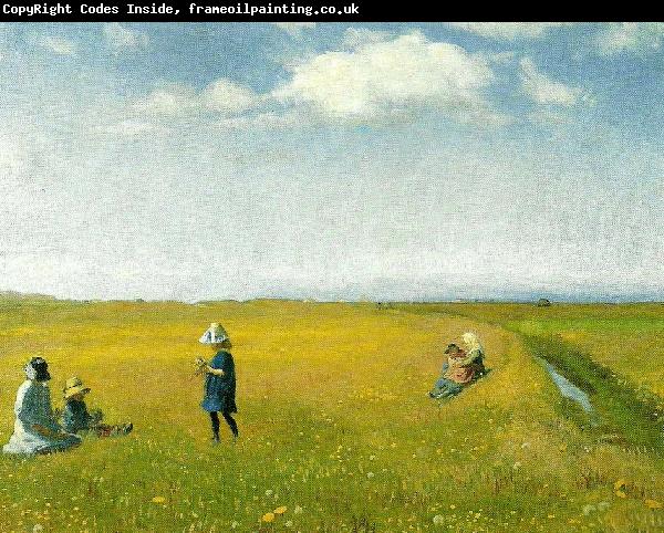 Michael Ancher born og unge piger plukker blomster pa en mark nord for skagen